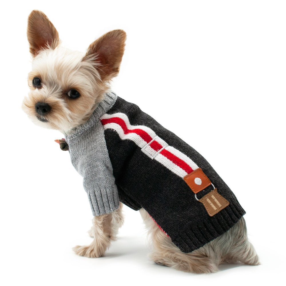 Black knit suspender sweater with red-and-white striped suspenders and leather-style tabs