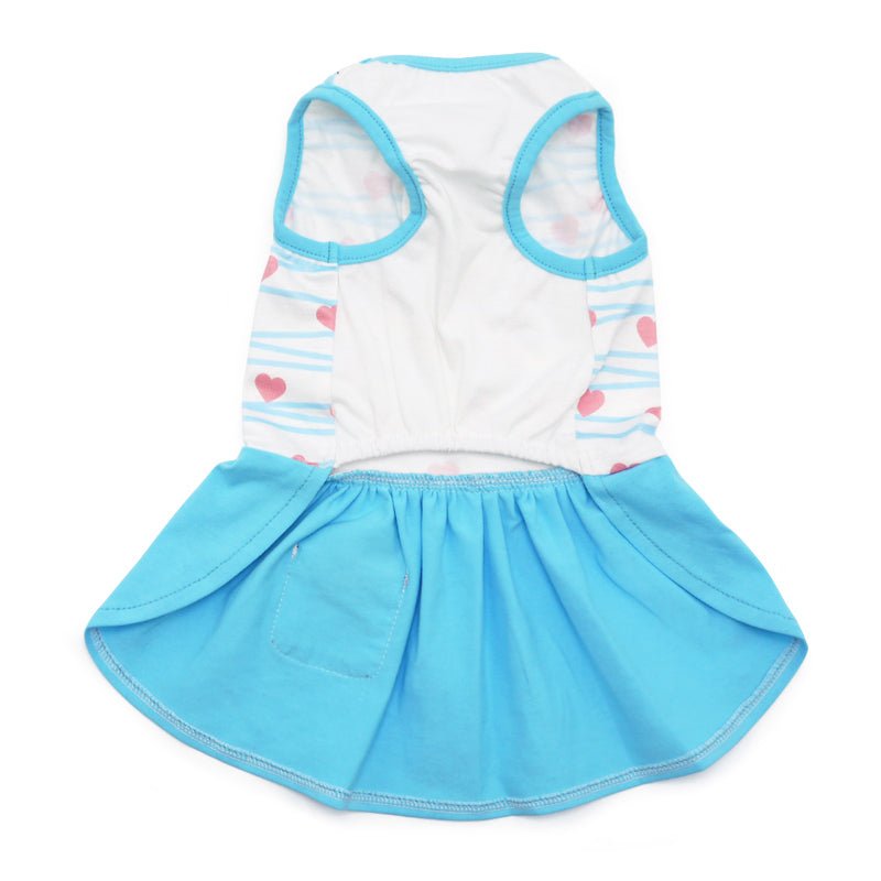 Back view of sleeveless blue dress with heart-striped yoke and open armholes