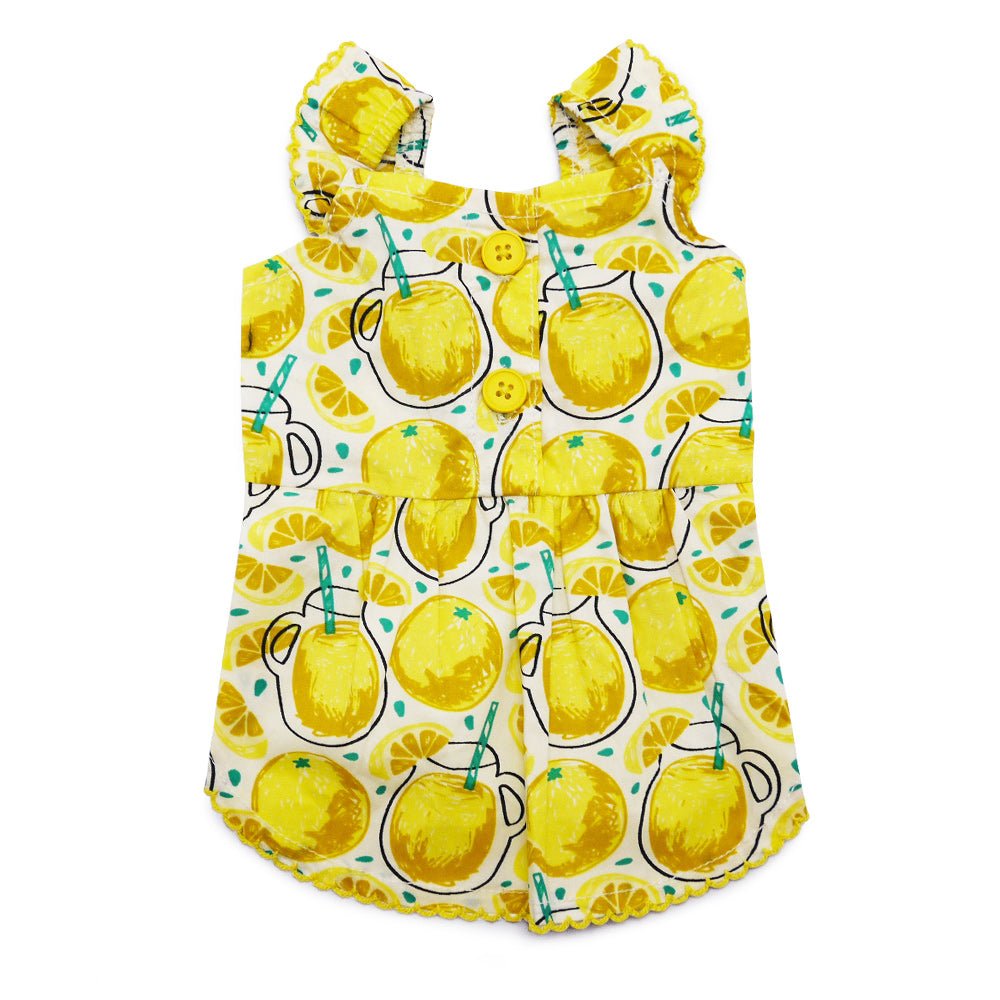Yellow lemon print pet dress, sleeveless with scalloped edges