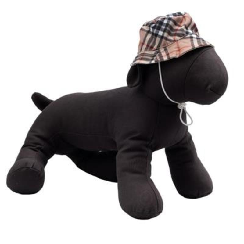 Plaid bucket pet hat on dog with chin strap; dark coat visible