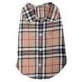 Tan plaid collared dog shirt with button front and buttoned placket