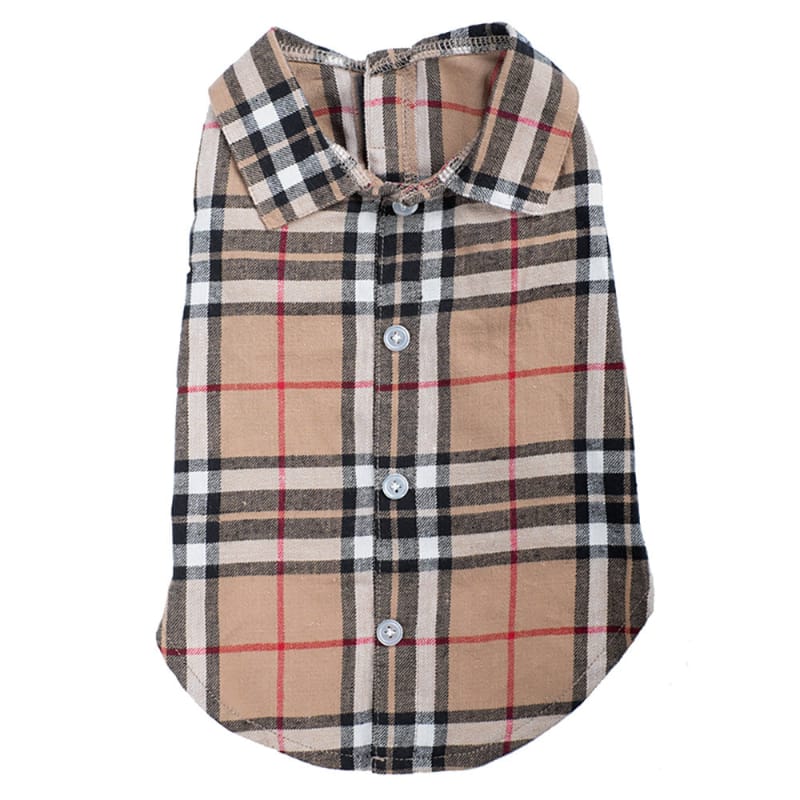Tan plaid collared dog shirt with button front and buttoned placket