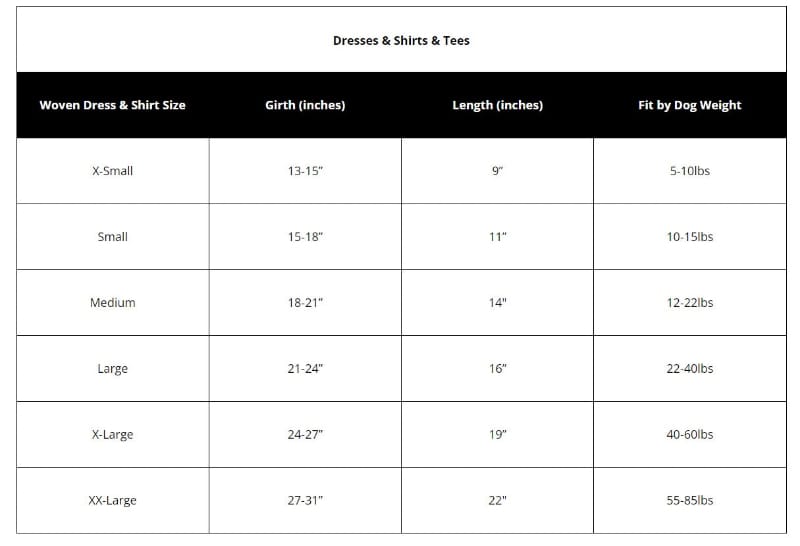 Dog shirt size chart listing dress size, girth, length, and fit by weight