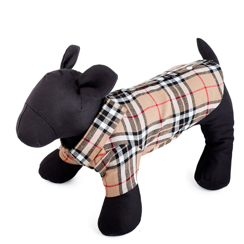 Tan plaid collared dog shirt with button front and contrasting collar