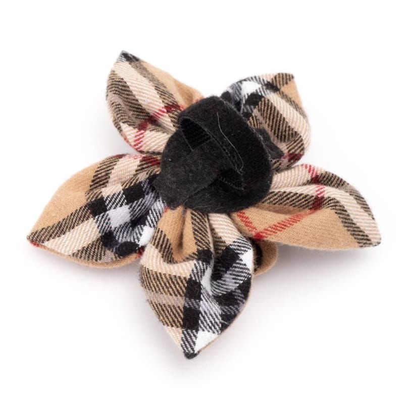 Tan plaid flower collar attachment with layered petals and dark fuzzy center