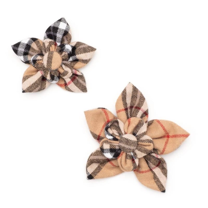 Tan plaid bow-style flower collar attachment with black and red stripe accents