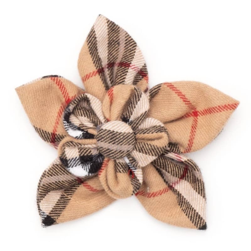 Tan plaid fabric flower collar attachment with layered petals and knotted center detail