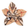 Tan plaid fabric flower collar attachment with layered petals and knotted center detail