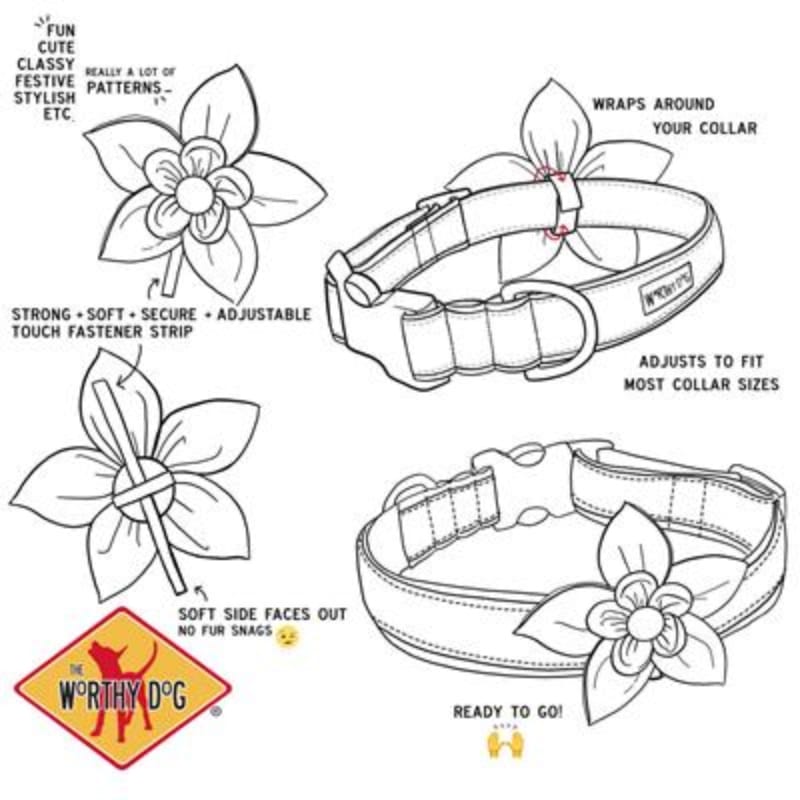 Adjustable dog collar flower attachment with secure wrap strap and size-fit view