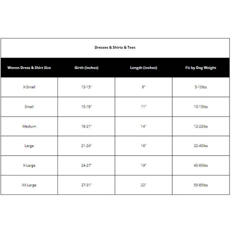 Size chart for woven dress and shirt tees: girth, length, and fit by dog weight