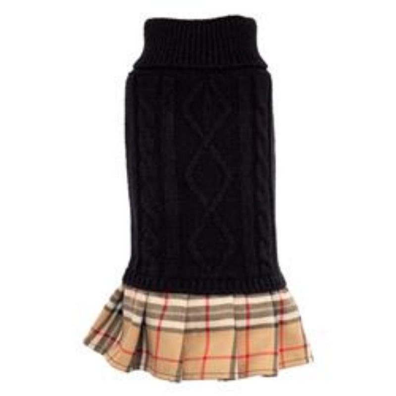 Plaid layered-look turtleneck dog dress with black knit top and tan plaid skirt
