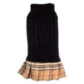 Plaid layered-look turtleneck dog dress with black knit top and tan plaid skirt