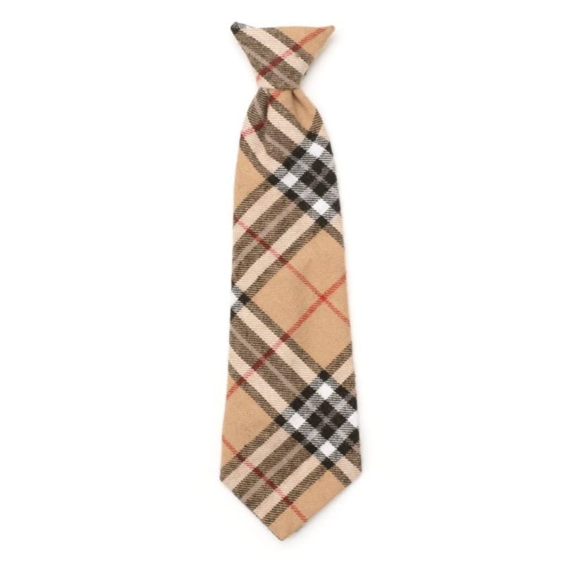 Tan plaid pet neck-tie attachment with pointed ends, black and red check