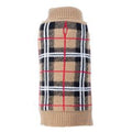 Tan plaid pet sweater with red and navy grid, ribbed turtleneck