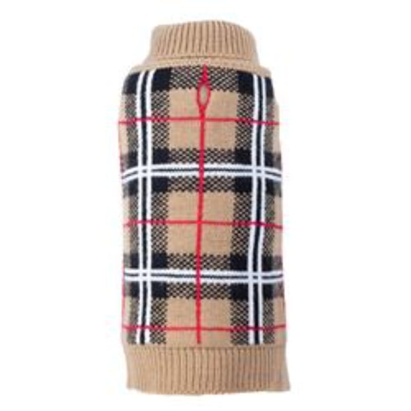 Tan plaid pet sweater with red and navy grid, ribbed turtleneck