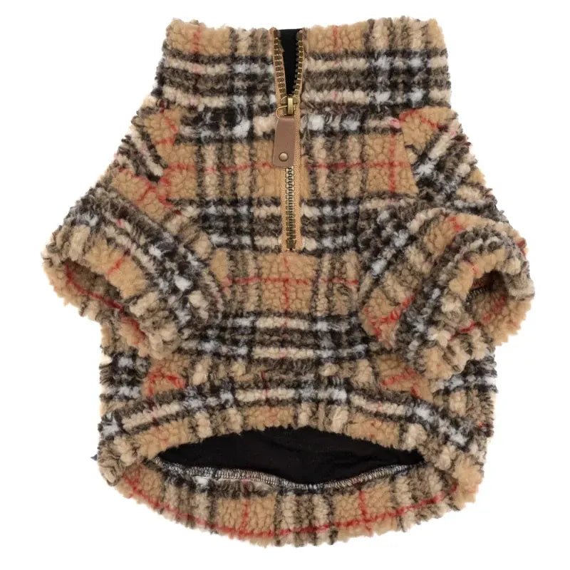 Tan plaid sherpa dog pullover with visible quarter-zip and stretchy ribbed arm openings