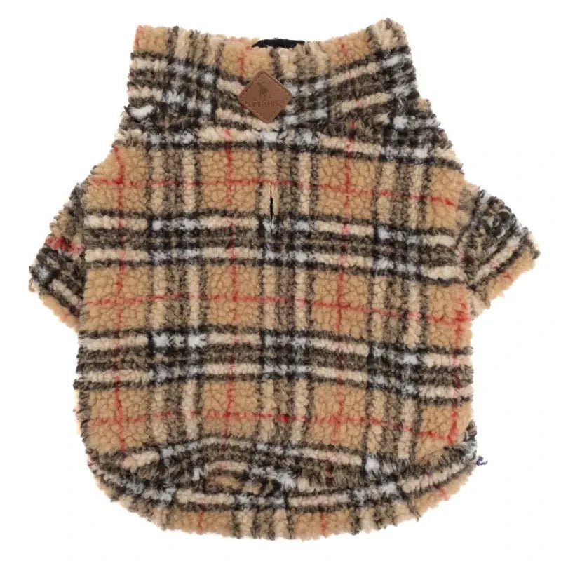 Tan plaid sherpa dog pullover with quarter-zip and ribbed trim at neck and hem