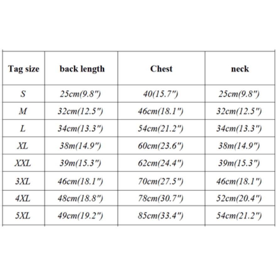 Size chart for tan striped polo dog shirt: tag size, back length, chest, neck