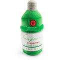 Green bottle-shaped plush squeak dog toy with gray cap and red badge