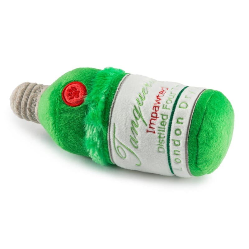 Green bottle plush squeak dog toy with rope-like handle and white printed band