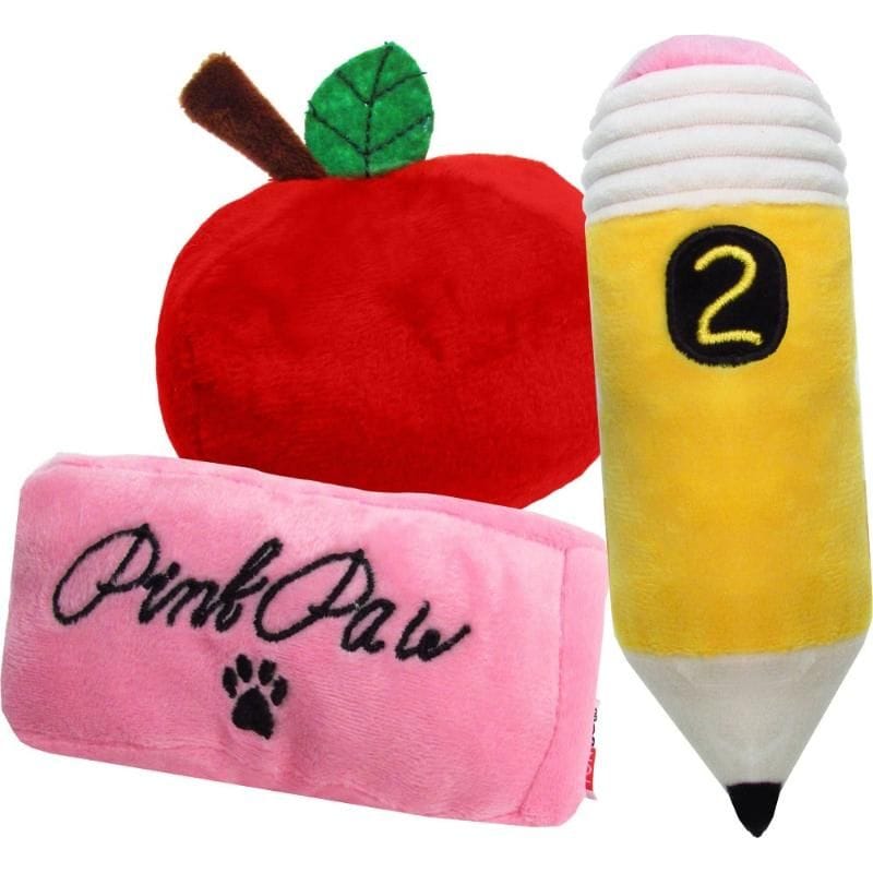 Plush dog toy set: red apple, pink eraser, yellow pencil with question-mark icon
