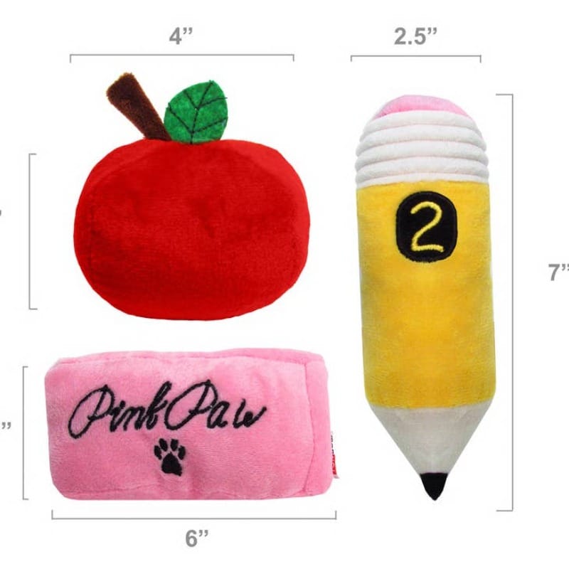 Plush apple, pink eraser, and yellow pencil dog toys shown with size outlines
