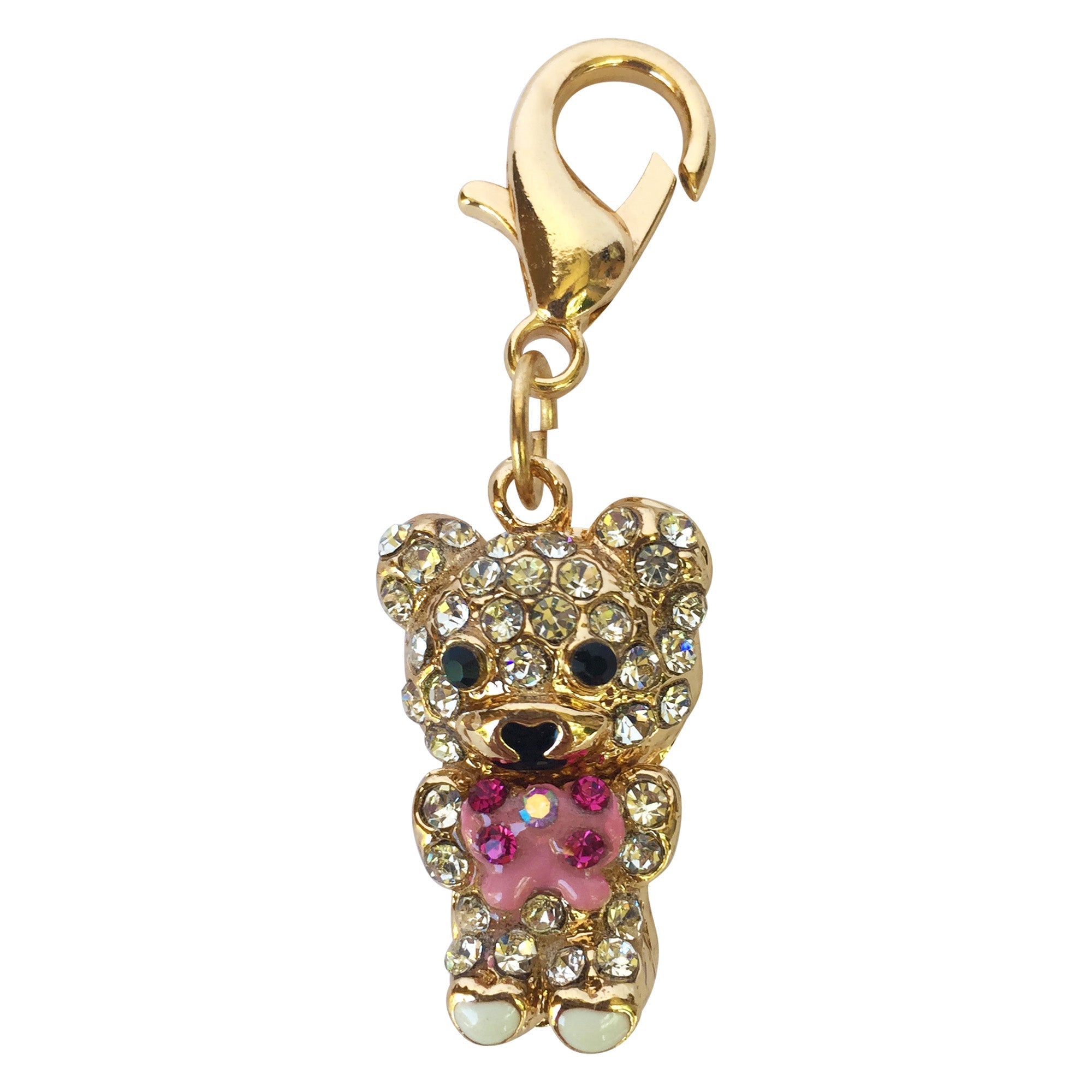 Gold-tone jeweled teddy bear dog collar charm with pink belly and sparkling eyes