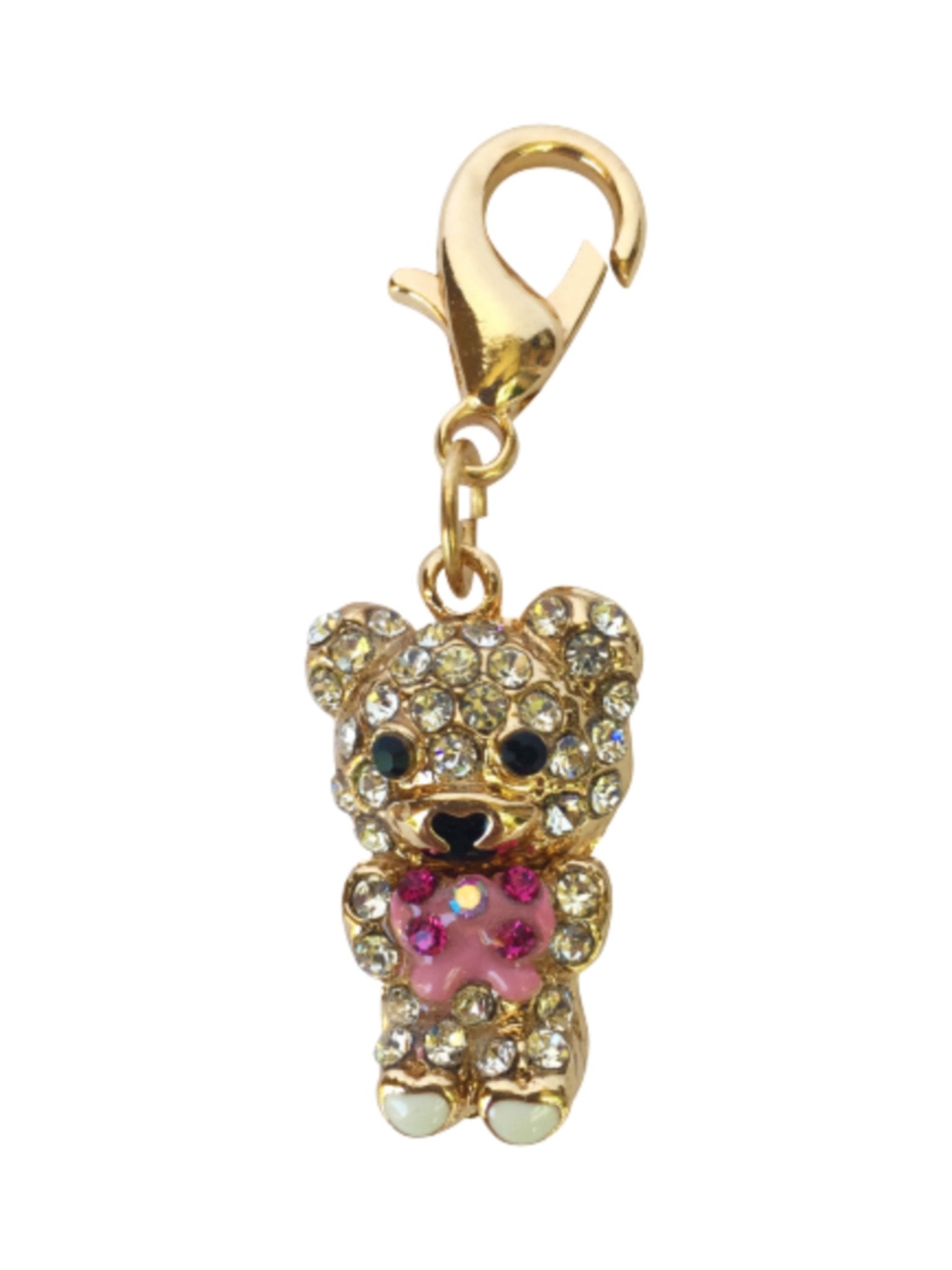 Gold-tone jeweled teddy bear charm with pink belly for dog collars