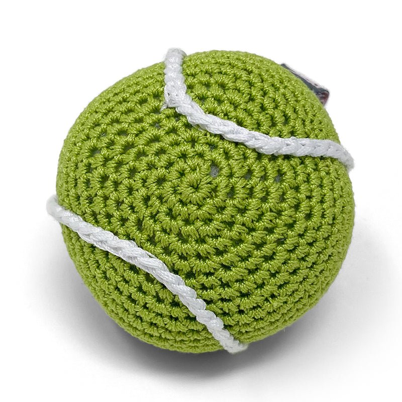 Green crocheted tennis ball toy with diagonal white stripe detail