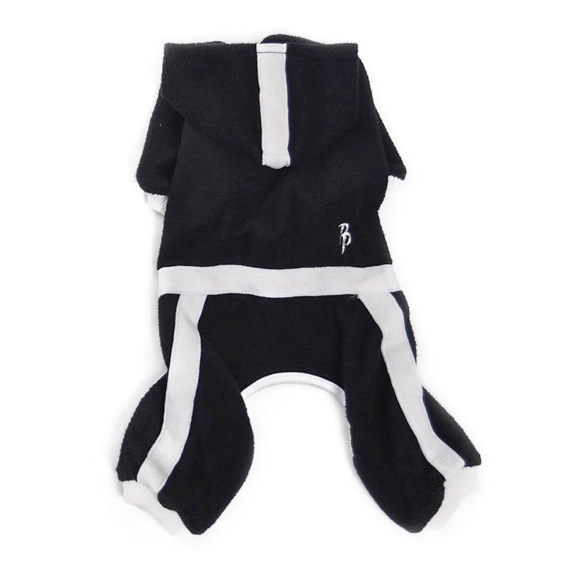 Black terry hooded jumper laid flat with white stripe and chest logo