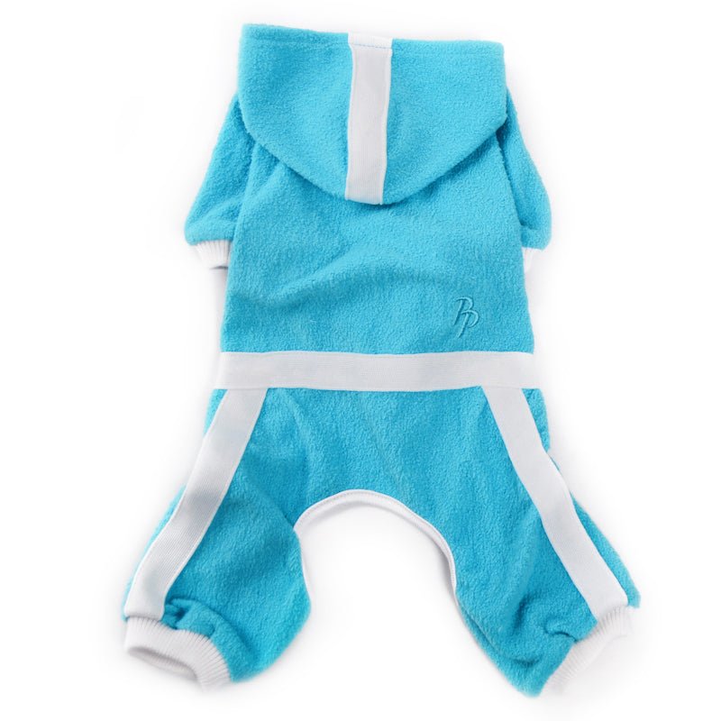 Blue terry hooded dog jumper with white stripes and leg openings
