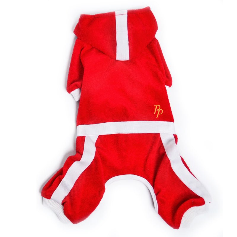 Red terry hooded dog jumper with white stripes and leg openings