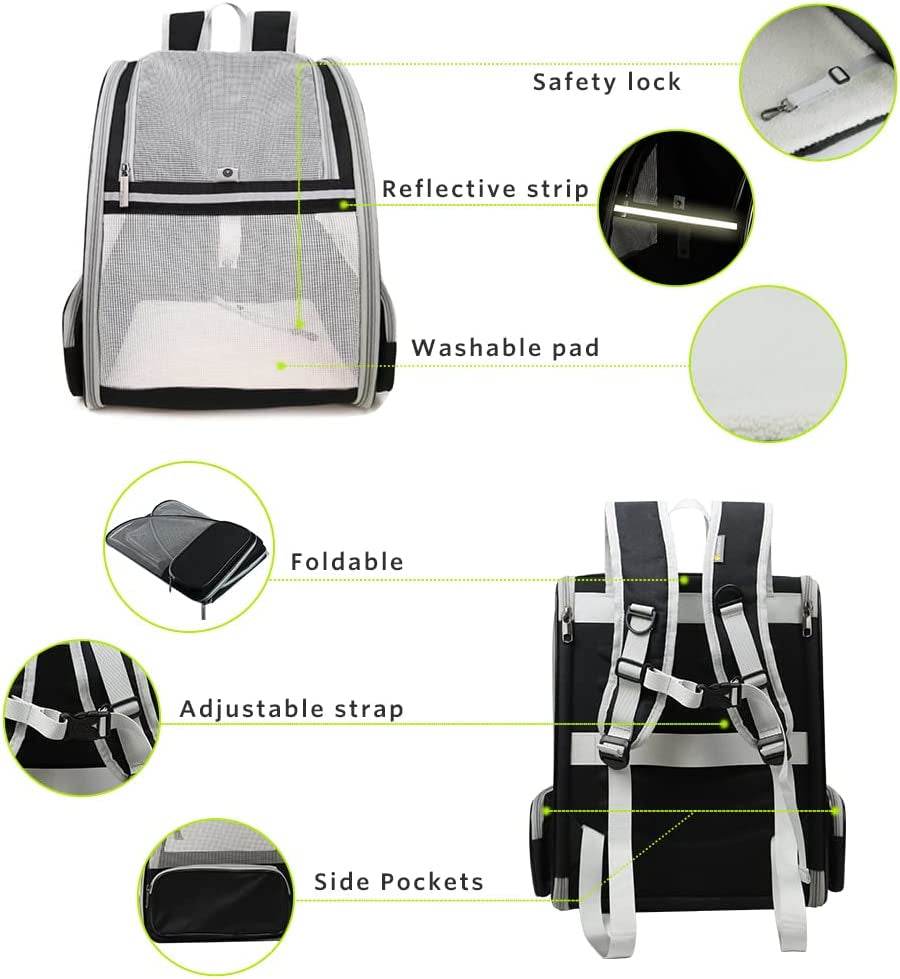 Black and gray pet bubble backpack carrier with reflective strip and safety lock