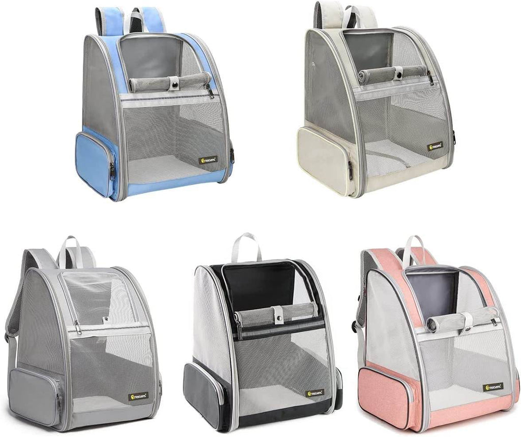 Pet bubble backpack carrier with different color options, featuring front mesh window and straps
