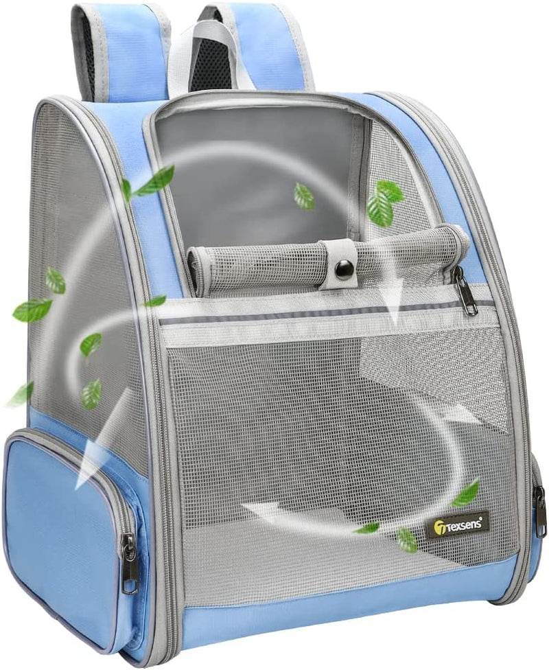 Blue and grey pet bubble backpack carrier with mesh bubble window and zip compartments