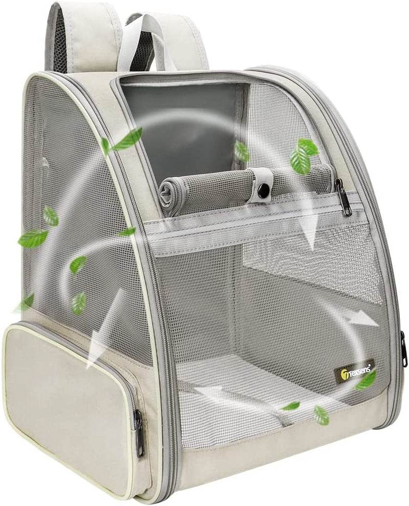 Cream pet bubble backpack carrier with clear bubble mesh front and zip side pocket