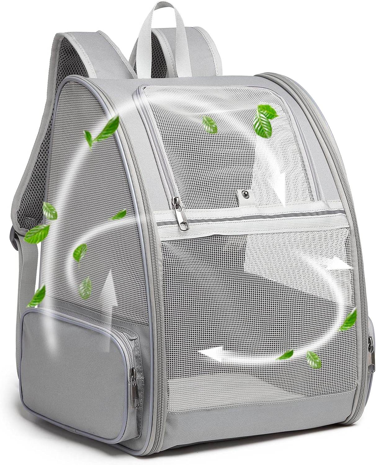 Gray pet bubble backpack carrier with front clear mesh window and green leaf print