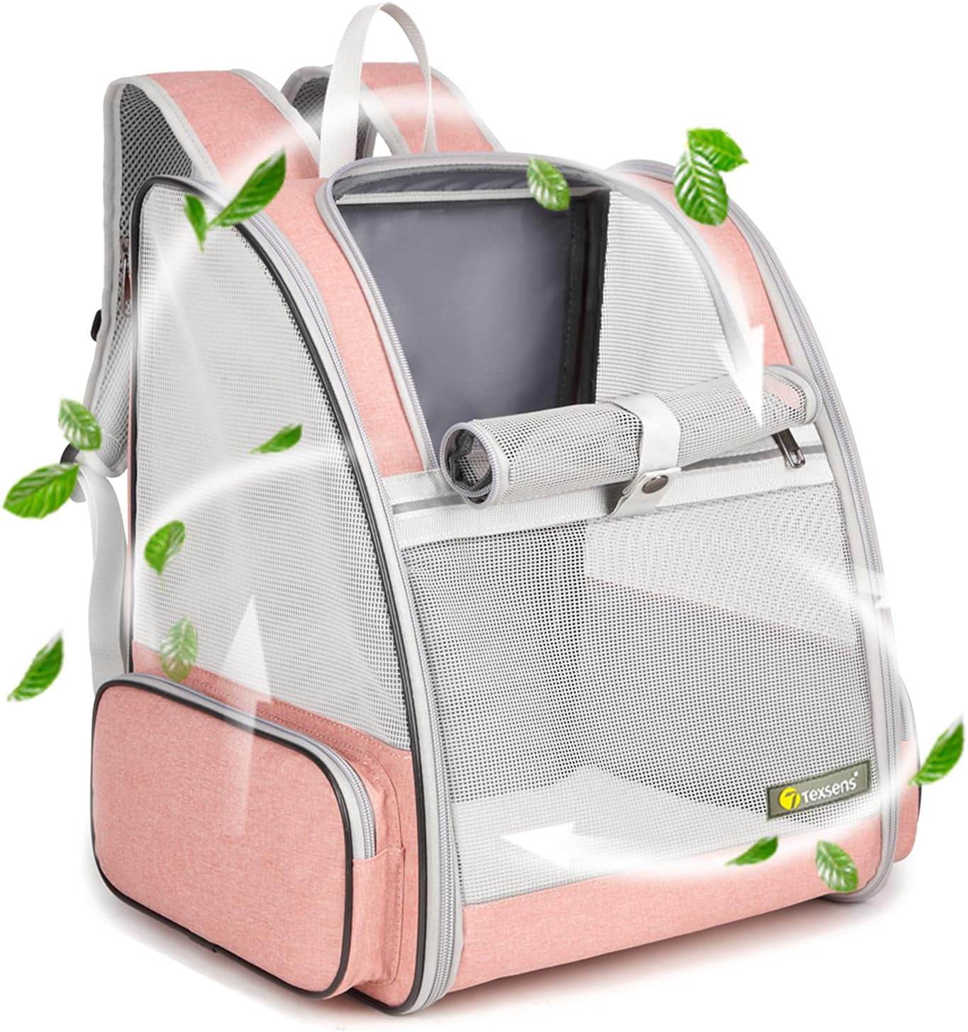 Light grey and pink pet bubble backpack carrier with mesh windows and top handle