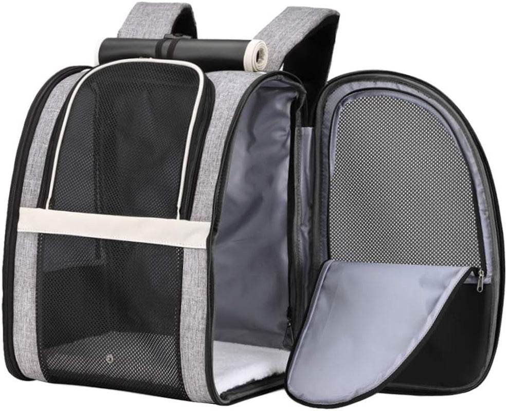 Black pet bubble backpack carrier with mesh panels and zip front door, side opening