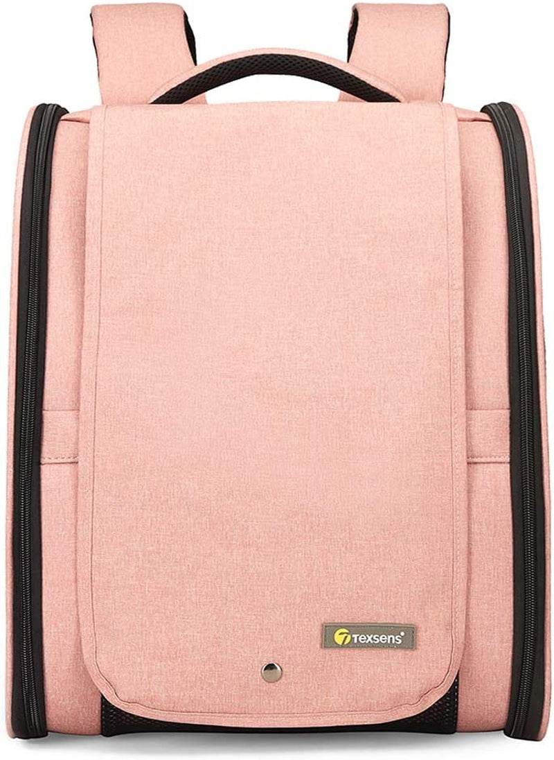 Pink pet bubble backpack carrier with front panel pocket and black base trim