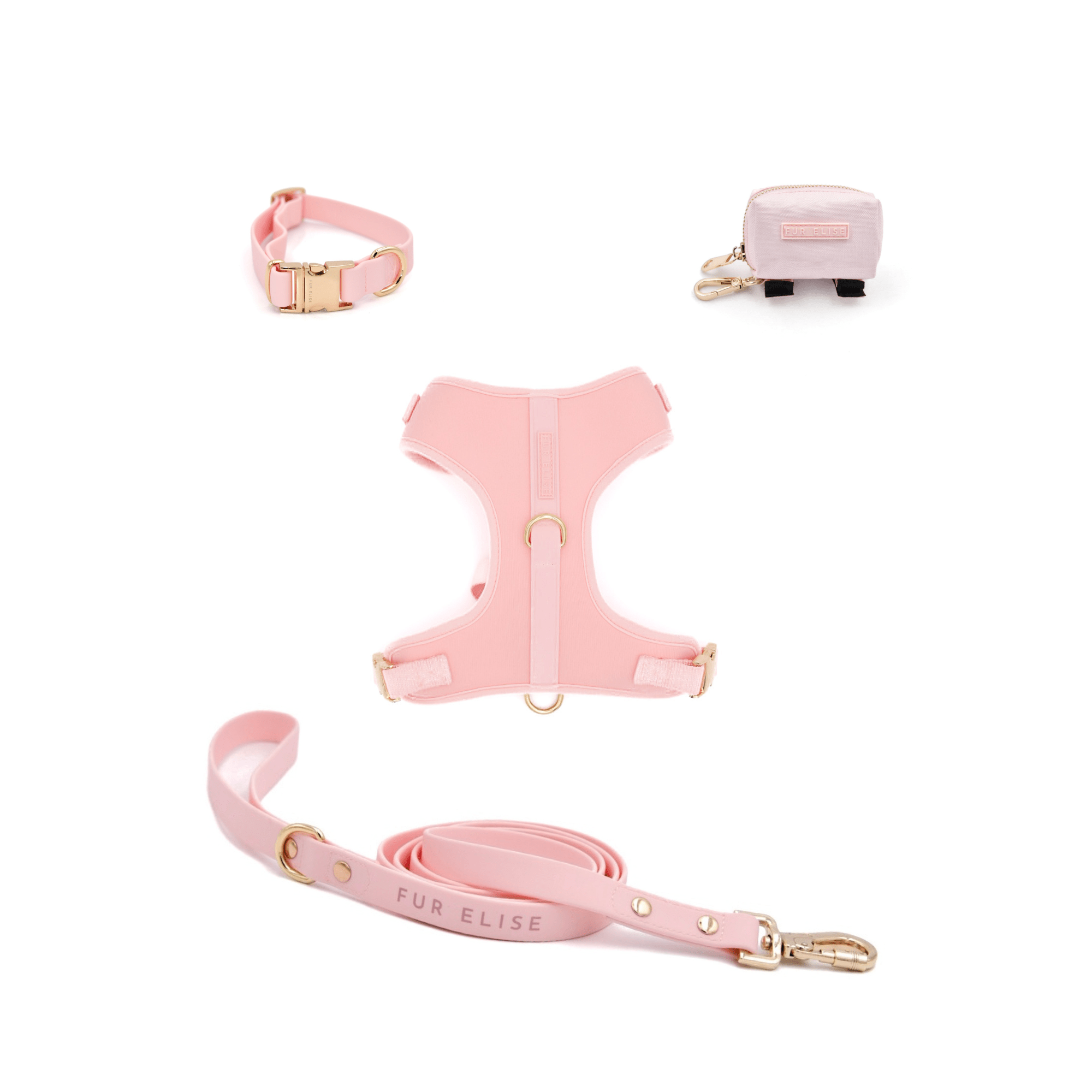 Pink dog walking set with harness, collar, and matching leash