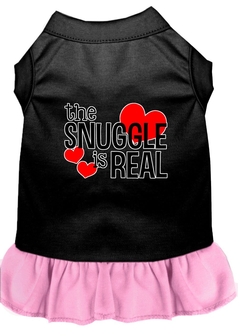 Black pet dress with light pink ruffled skirt and "the SNUGGLE is REAL" heart graphic