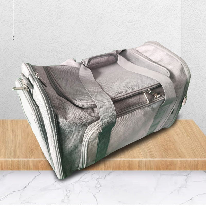 Pet waterproof car bag with open top and mesh divider, grey fabric