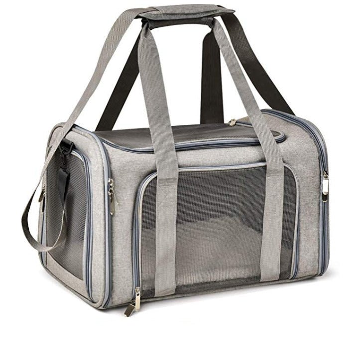 Pet waterproof car bag with mesh front, light grey fabric and padded carrying handle