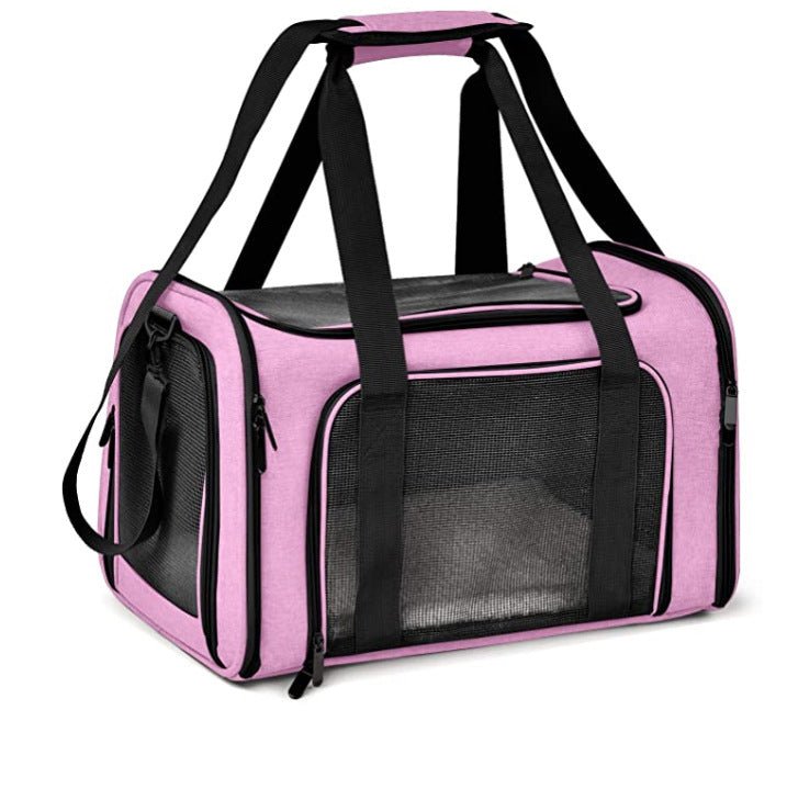 Pet waterproof car bag with black mesh window, pink-purple sides and black straps