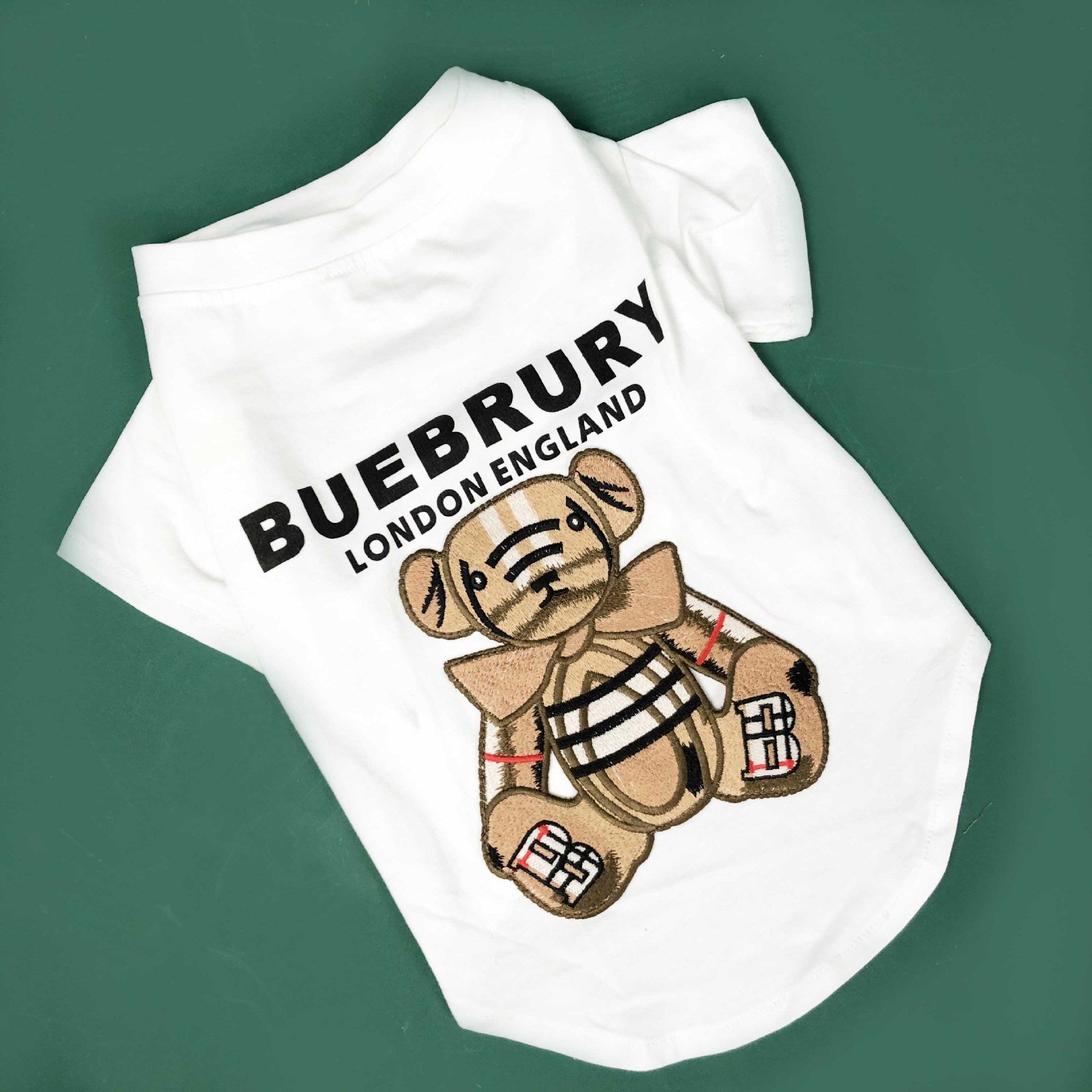 White thin dog T-shirt with Burberry London England bear graphic