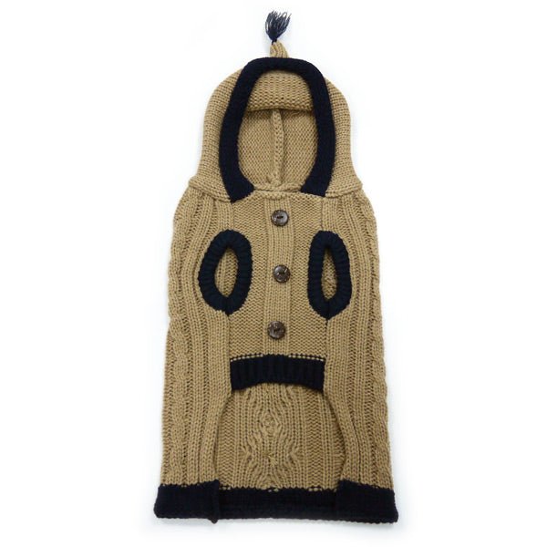 Beige knit dog sweater with hood tassel, navy oval eye patches, button front