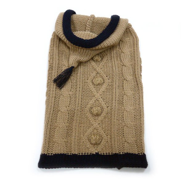 Beige knit dog sweater hooded back with navy trim, cable texture, small tassel