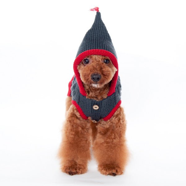 Charcoal cable-knit dog sweater with red hood and trim