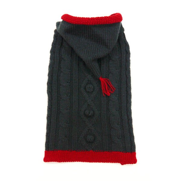 Charcoal cable-knit sweater with hood, red trim, and drawstring tassel